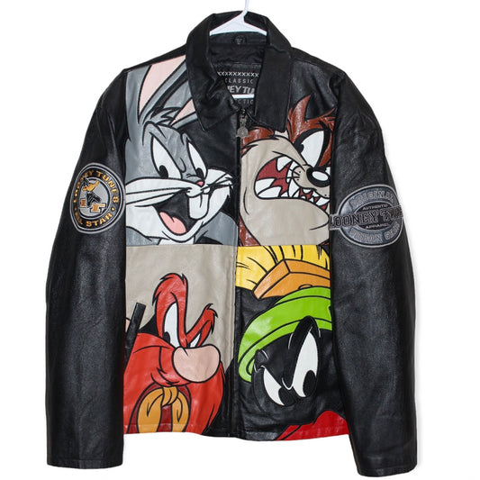 Rare Looney Tunes Space Jam Cartoon Warner Bros Leather Motorcycle Jacket (M)