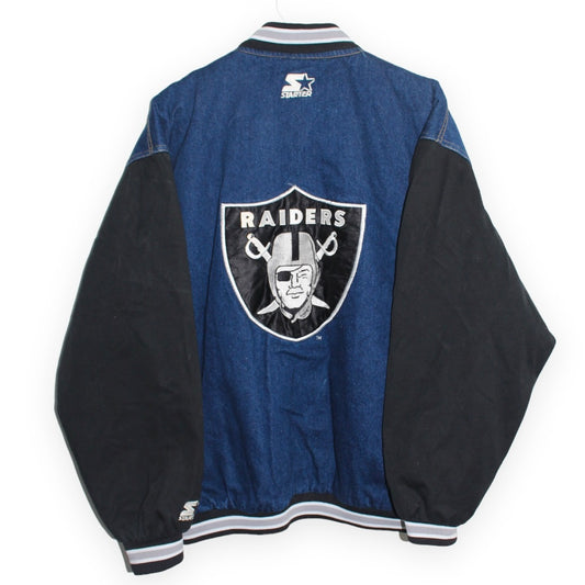 Rare Oakland Raiders Starter Denim Quilted Satin Lining Bomber Jacket (XL)