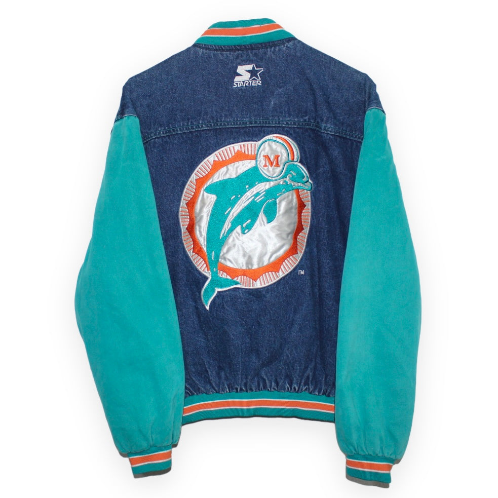 Rare Miami Dolphins Pro Line Starter Denim Bomber Jacket (S)