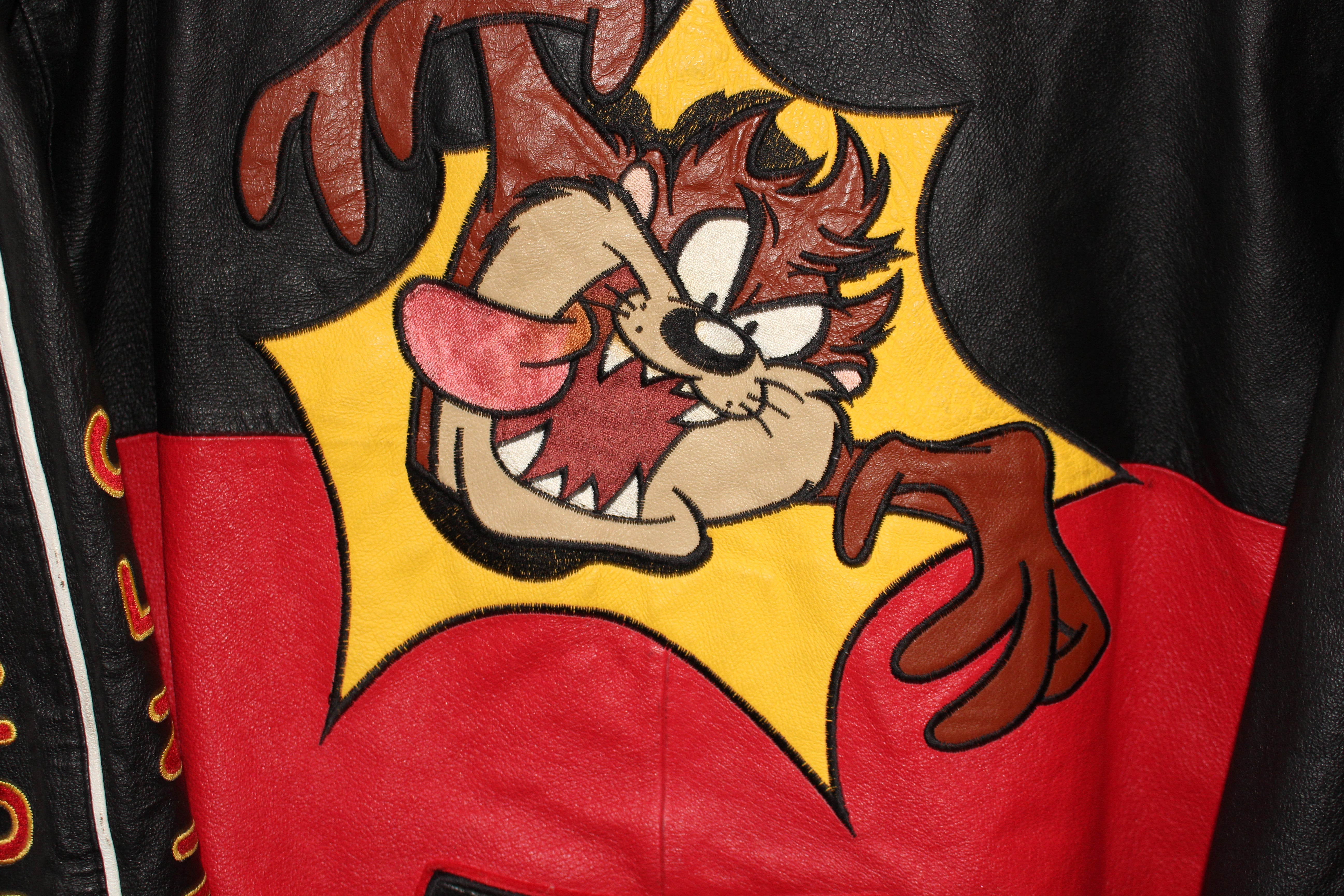 Rare Taz Man Looney Tunes Warner Brother Leather Bomber Jacket (L