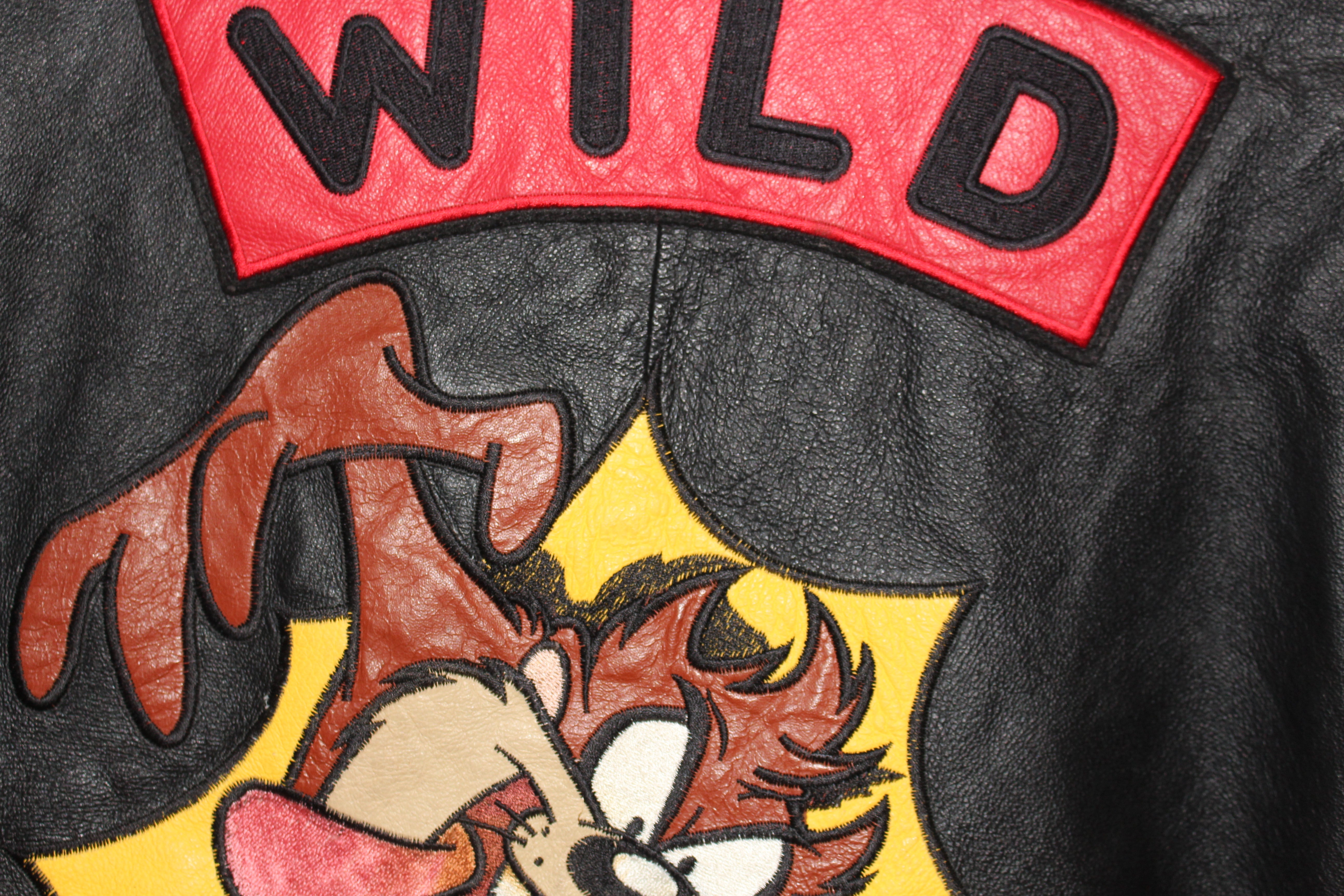 Rare Taz Man Looney Tunes Warner Brother Leather Bomber Jacket (L