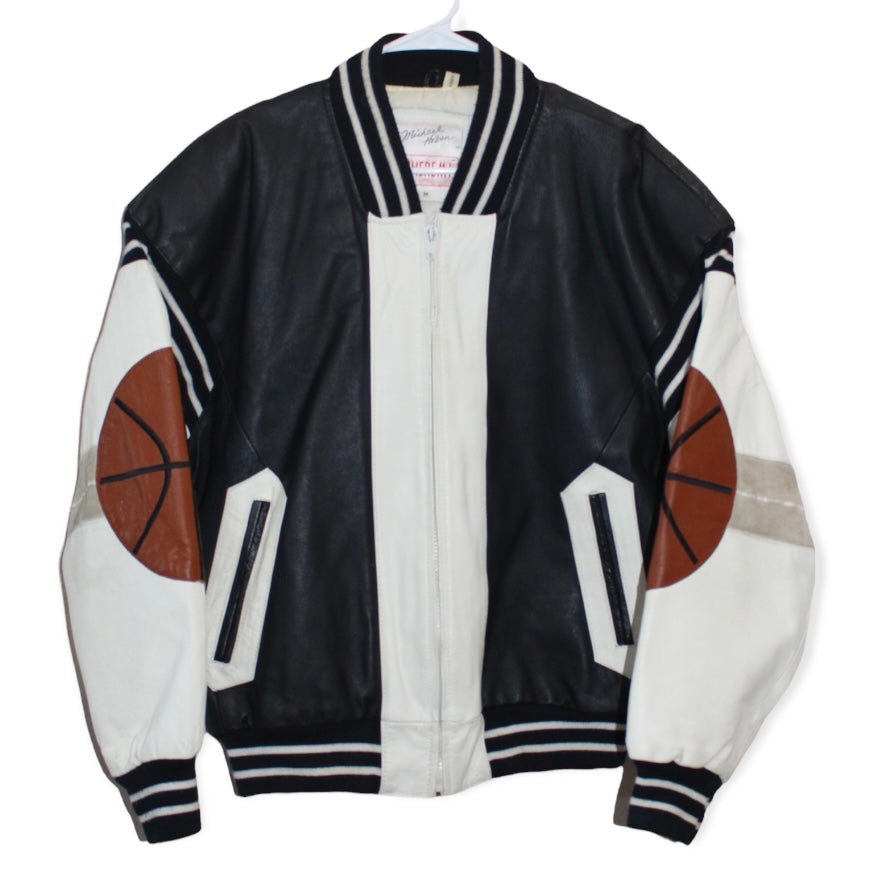 Rare 1991 Michael Hoban Leather Basketball Bomber Jacket M Retro Windbreakers