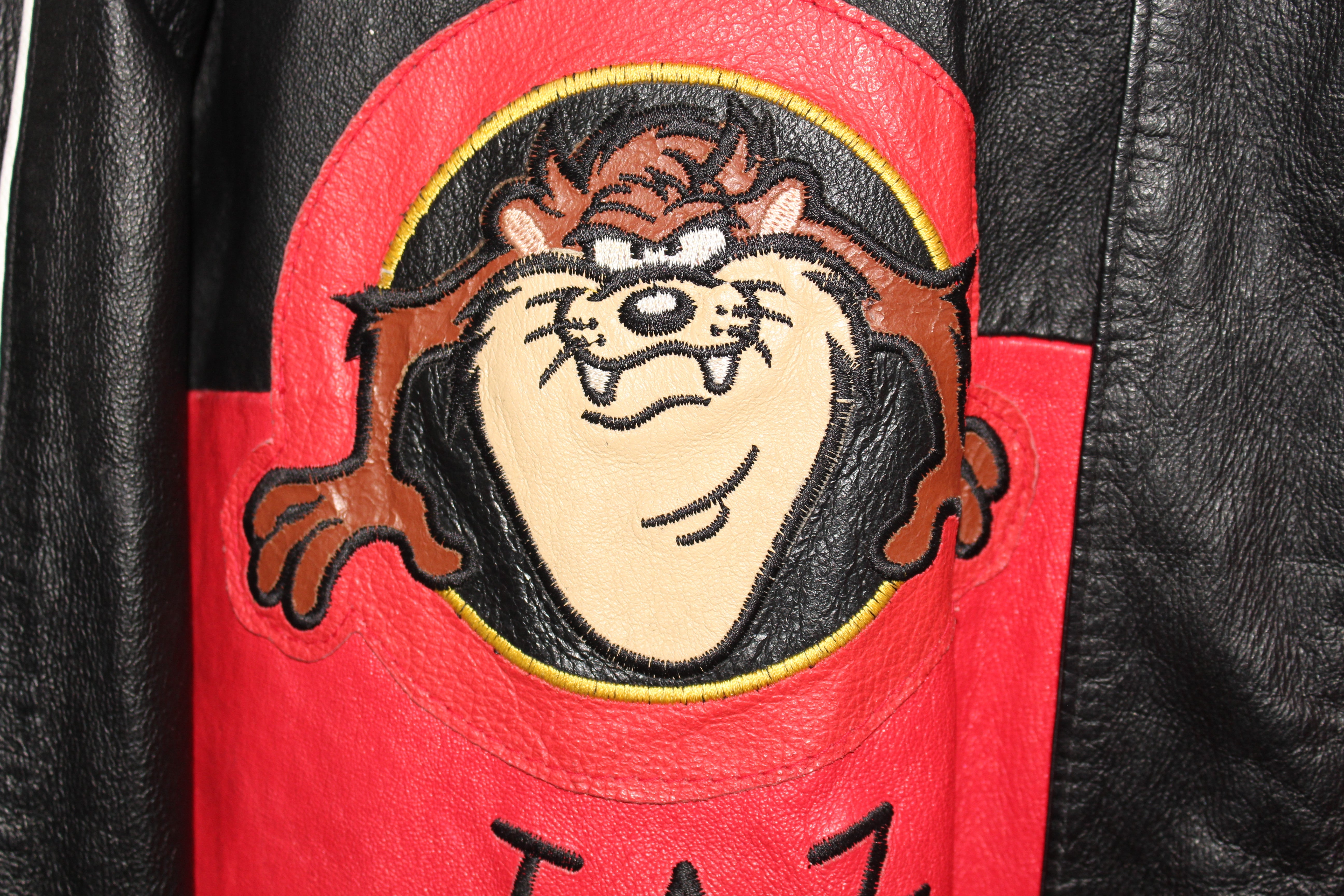 Rare Taz Man Looney Tunes Warner Brother Leather Bomber Jacket (L