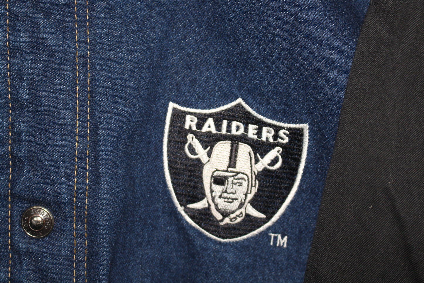 Rare Oakland Raiders Starter Denim Quilted Satin Lining Bomber Jacket (XL)